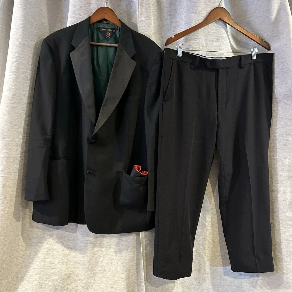 Vtg USA Made Tommy‎ Hilfiger 42R 36X32 Black Mens Jacket Pants Suit
